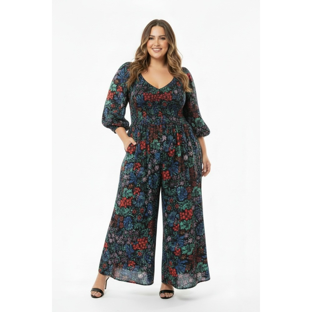Knox Rose Floral Wide Leg Smocked Jumpsuit Pockets Multicolor 4X New With Tags